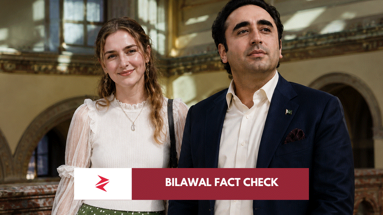 Bilawal Bhutto Zardari, Gloria Habsburg-Lothringen and Asif Ali Zardari against a European Alpine backdrop amid disputed marriage reports.