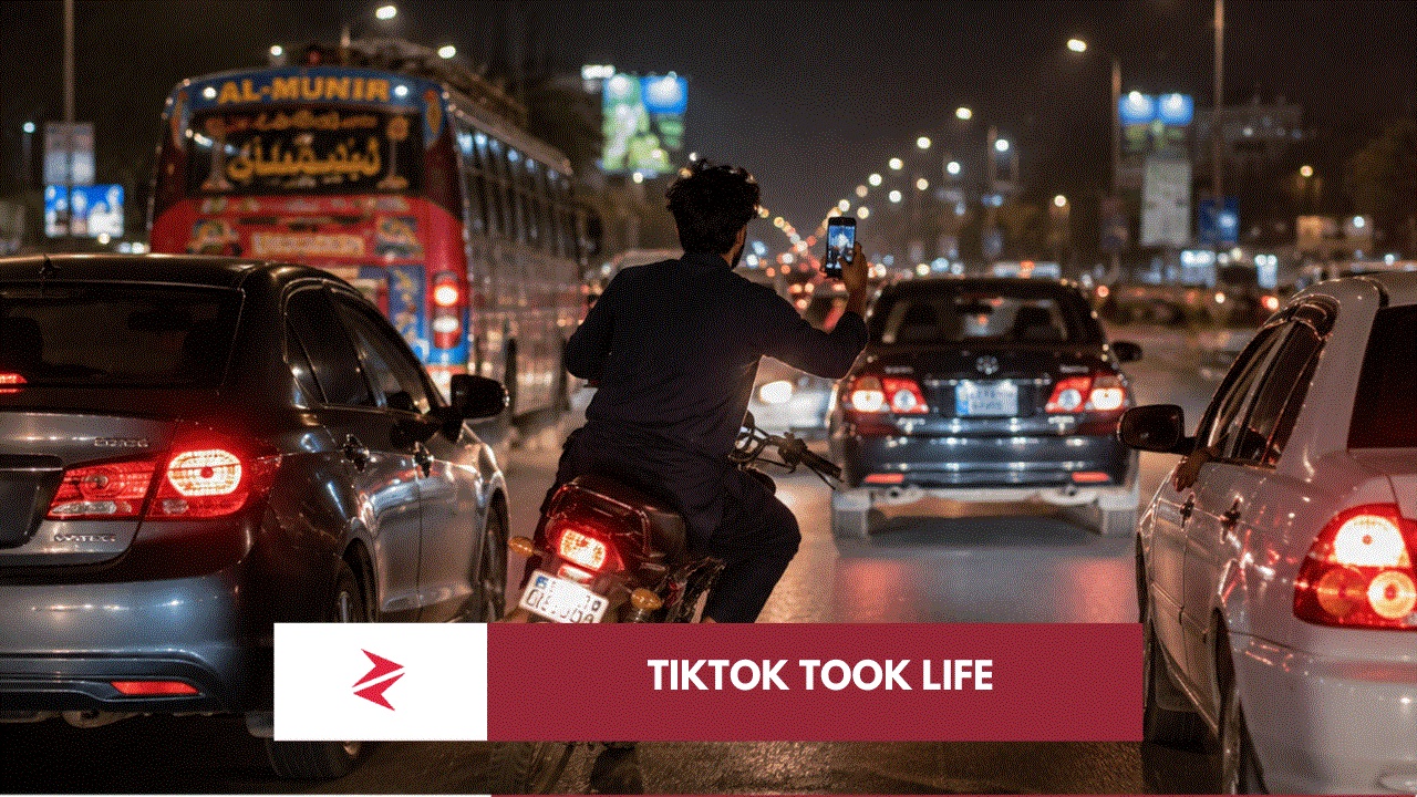 Reckless motorcyclist filming social media content while weaving through traffic in Lahore, Pakistan