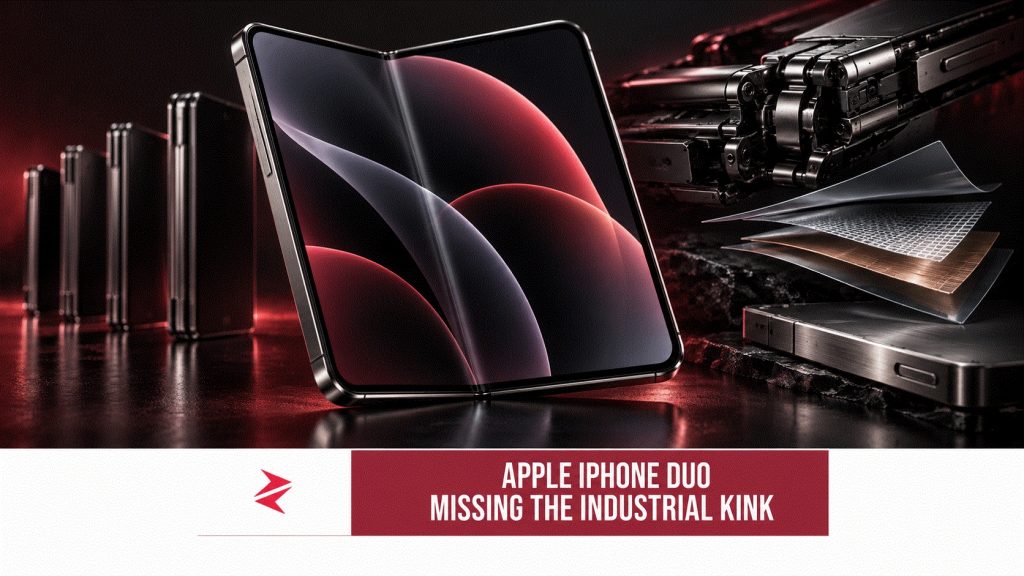Apple iPhone Duo foldable smartphone showcasing a refined hinge and reduced display crease after years of industrial foldable innovation.