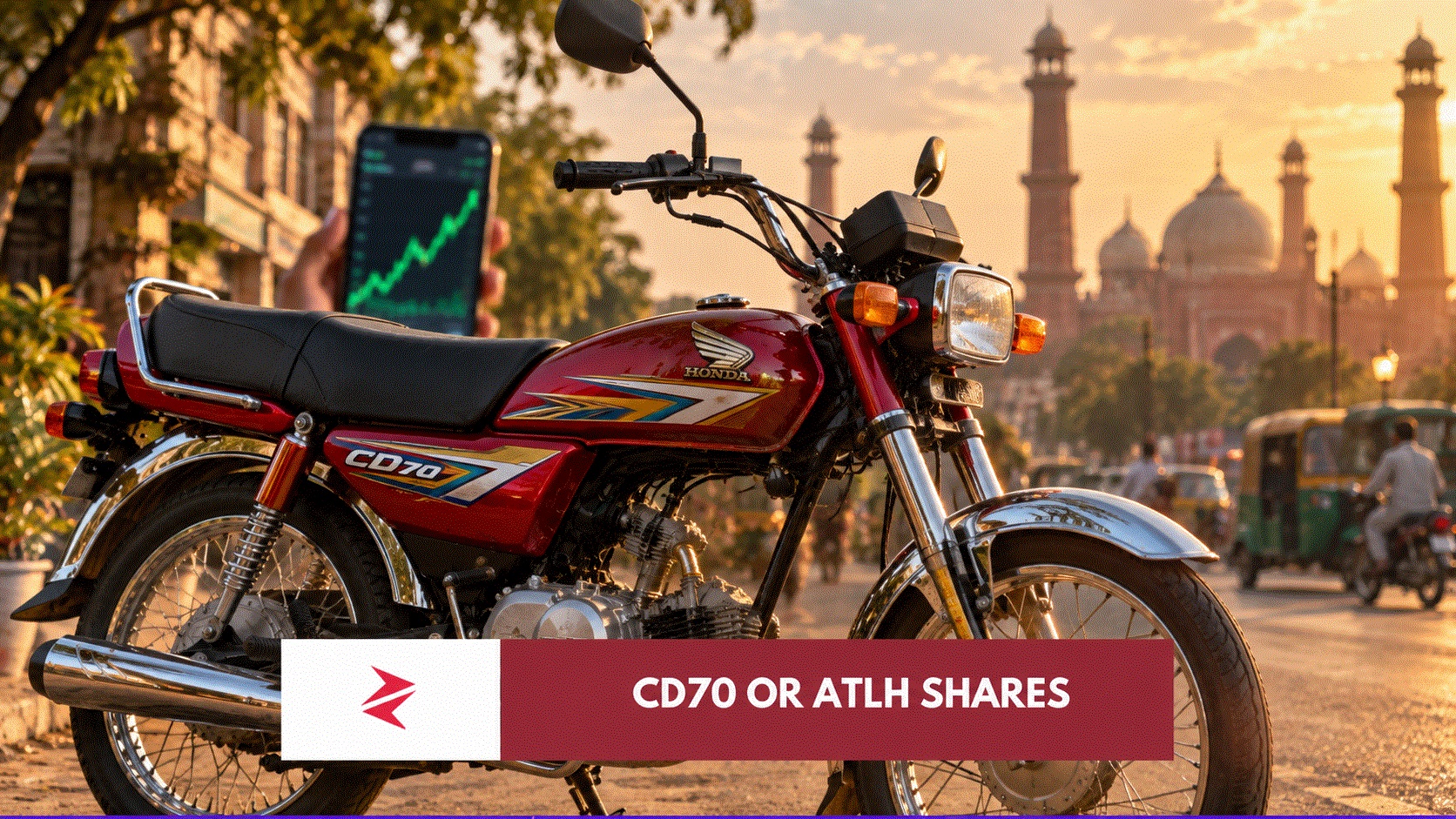 Honda CD70 beside an Atlas Honda ATLH investment chart illustrating a 2011–2026 Pakistan Stock Exchange comparison.