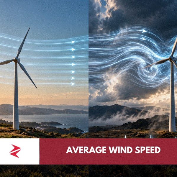 Identical wind turbines experiencing steady and highly variable wind conditions despite the same average wind speed