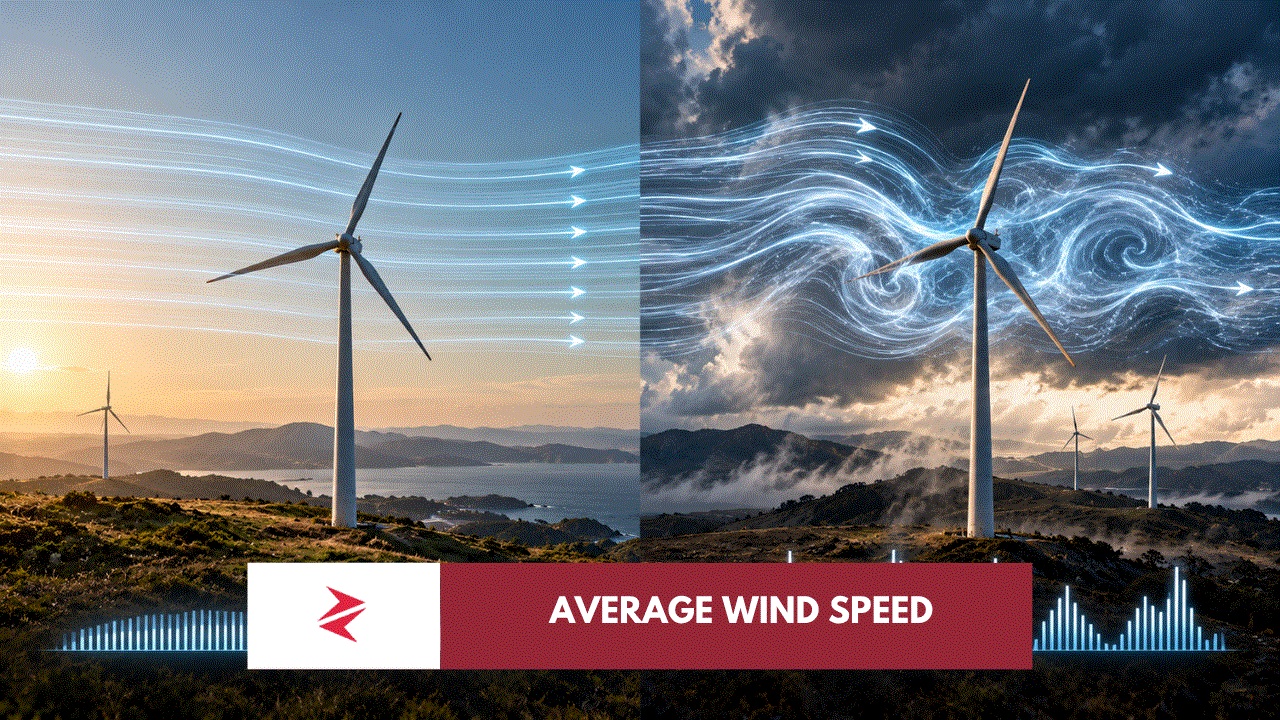 Identical wind turbines experiencing steady and highly variable wind conditions despite the same average wind speed