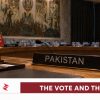 Pakistan desk at the UN Security Council during debate over an Iran sanctions monitoring panel and the Makkah defence pact.