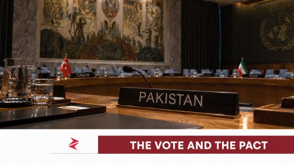Pakistan desk at the UN Security Council during debate over an Iran sanctions monitoring panel and the Makkah defence pact.