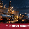 Diesel tanker at a refinery beside a UK fuel price sign during debate over US diesel exports.