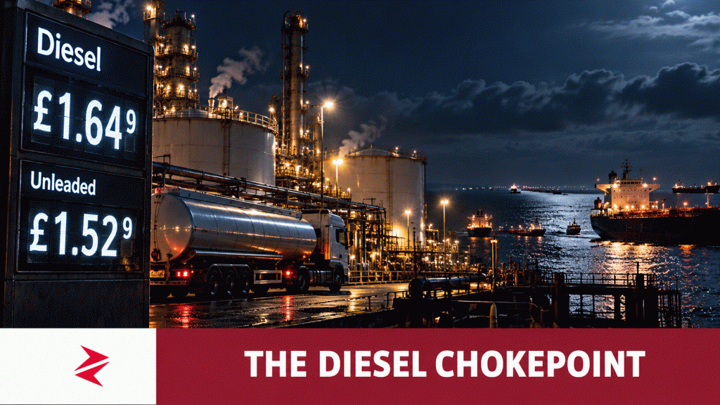 Diesel tanker at a refinery beside a UK fuel price sign during debate over US diesel exports.
