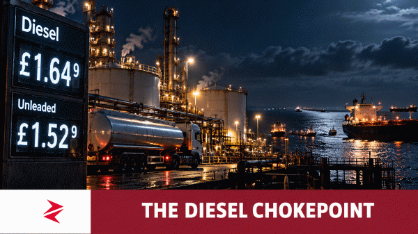 Diesel tanker at a refinery beside a UK fuel price sign during debate over US diesel exports.
