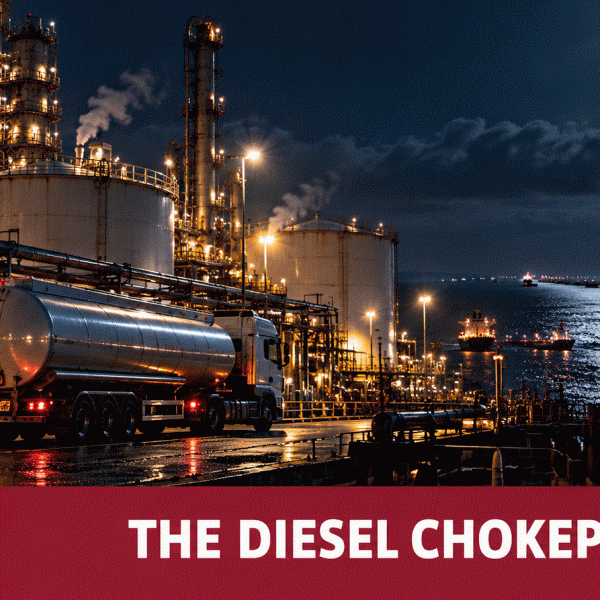 Diesel tanker at a refinery beside a UK fuel price sign during debate over US diesel exports.