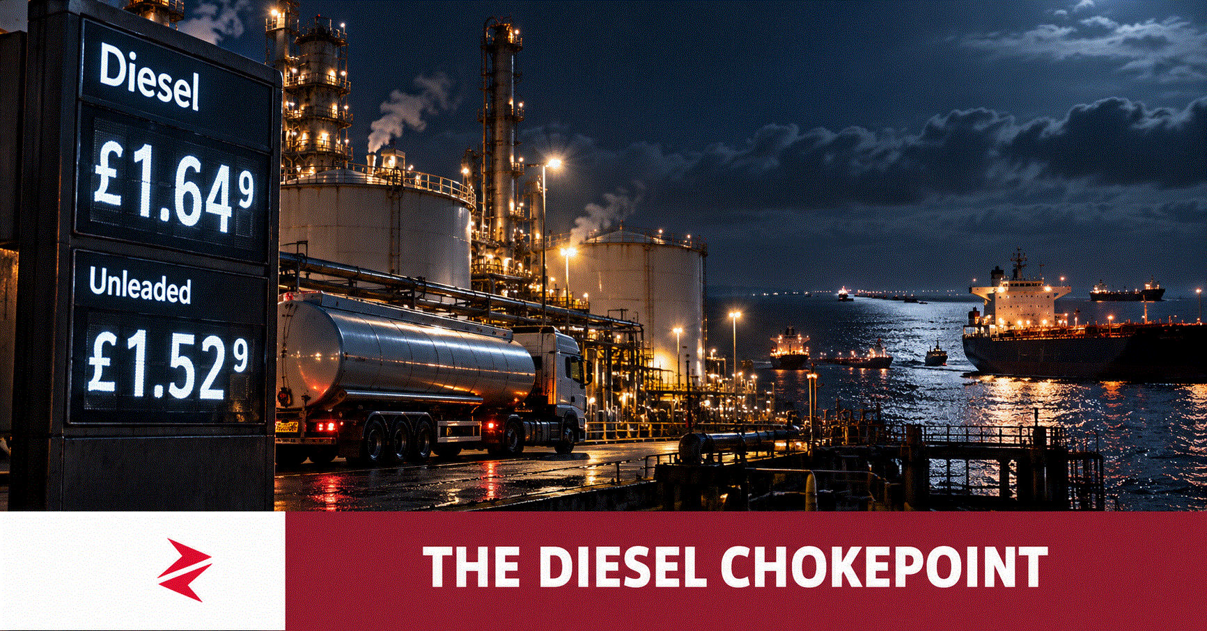 Diesel tanker at a refinery beside a UK fuel price sign during debate over US diesel exports.