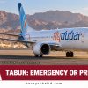 Editorial illustration of a Flydubai Boeing 737 MAX at a Saudi desert airport, with the headline ‘Tabuk: Emergency or Precedent?