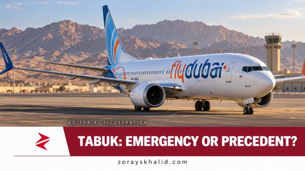 Editorial illustration of a Flydubai Boeing 737 MAX at a Saudi desert airport, with the headline ‘Tabuk: Emergency or Precedent?
