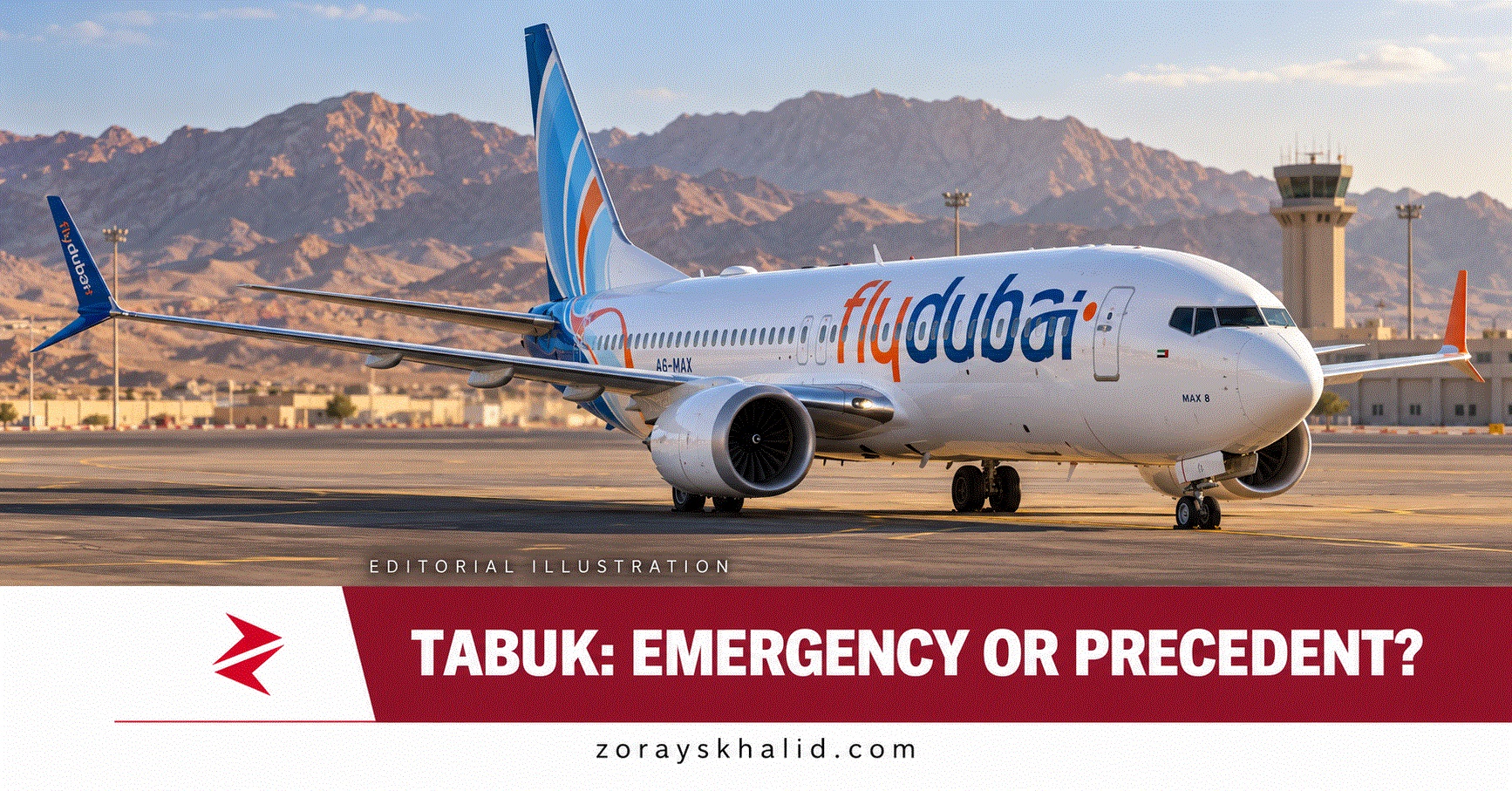 Editorial illustration of a Flydubai Boeing 737 MAX at a Saudi desert airport, with the headline ‘Tabuk: Emergency or Precedent?