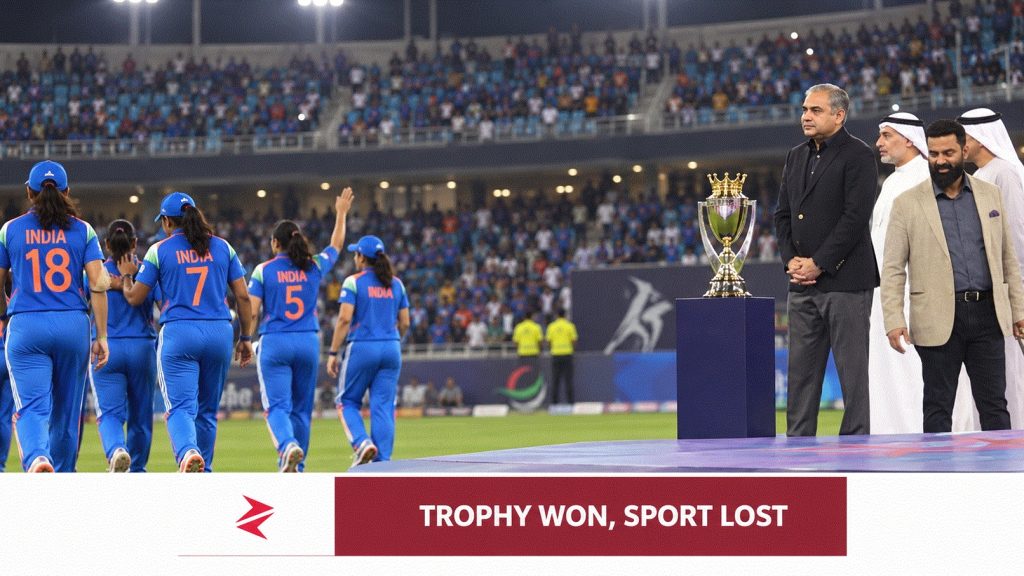 ndian women’s cricket team walking away from the 2026 Asia Cup trophy presentation involving ACC president Mohsin Naqvi in Dubai