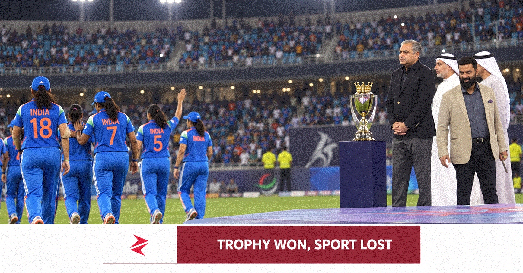 ndian women’s cricket team walking away from the 2026 Asia Cup trophy presentation involving ACC president Mohsin Naqvi in Dubai