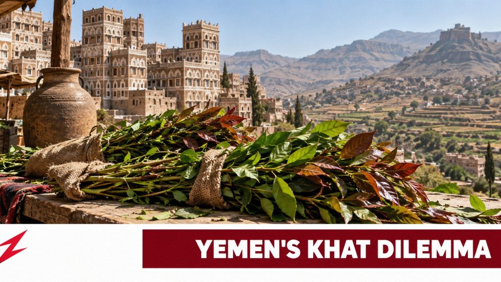 Fresh khat leaves at a Yemeni market with farmland and water containers in the background