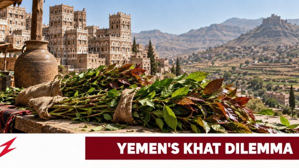 Fresh khat leaves at a Yemeni market with farmland and water containers in the background
