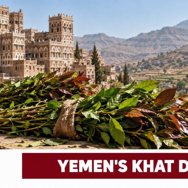 Fresh khat leaves at a Yemeni market with farmland and water containers in the background