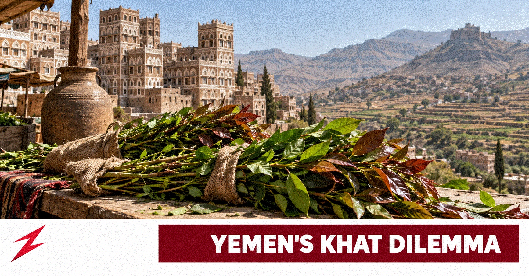 Fresh khat leaves at a Yemeni market with farmland and water containers in the background