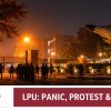 Students gather near a decommissioned aircraft display during unrest at Lovely Professional University in Punjab