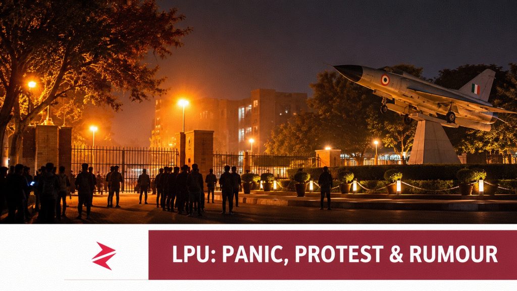 Students gather near a decommissioned aircraft display during unrest at Lovely Professional University in Punjab