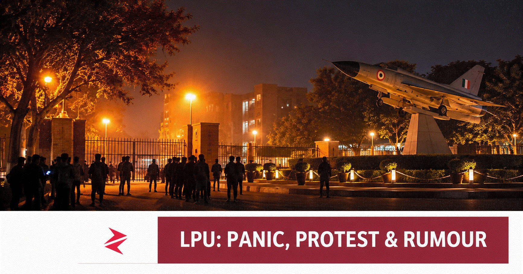 Students gather near a decommissioned aircraft display during unrest at Lovely Professional University in Punjab