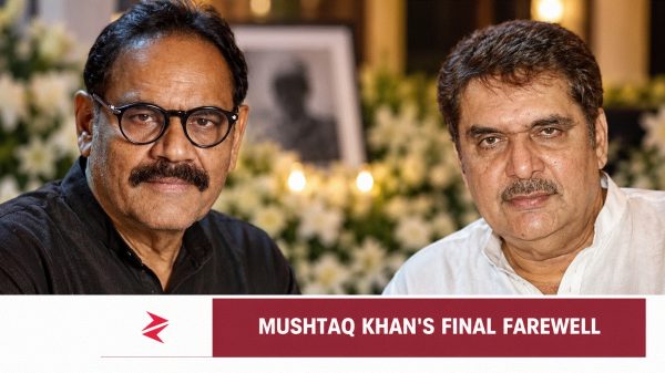 Editorial portraits of Mushtaq Khan and Raza Murad accompanying coverage of Khan’s Mumbai funeral.