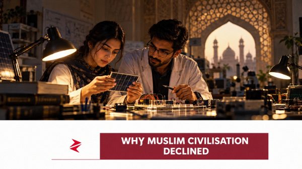 Pakistani researchers testing a solar cell in a laboratory while examining Muslim civilisation’s scientific future