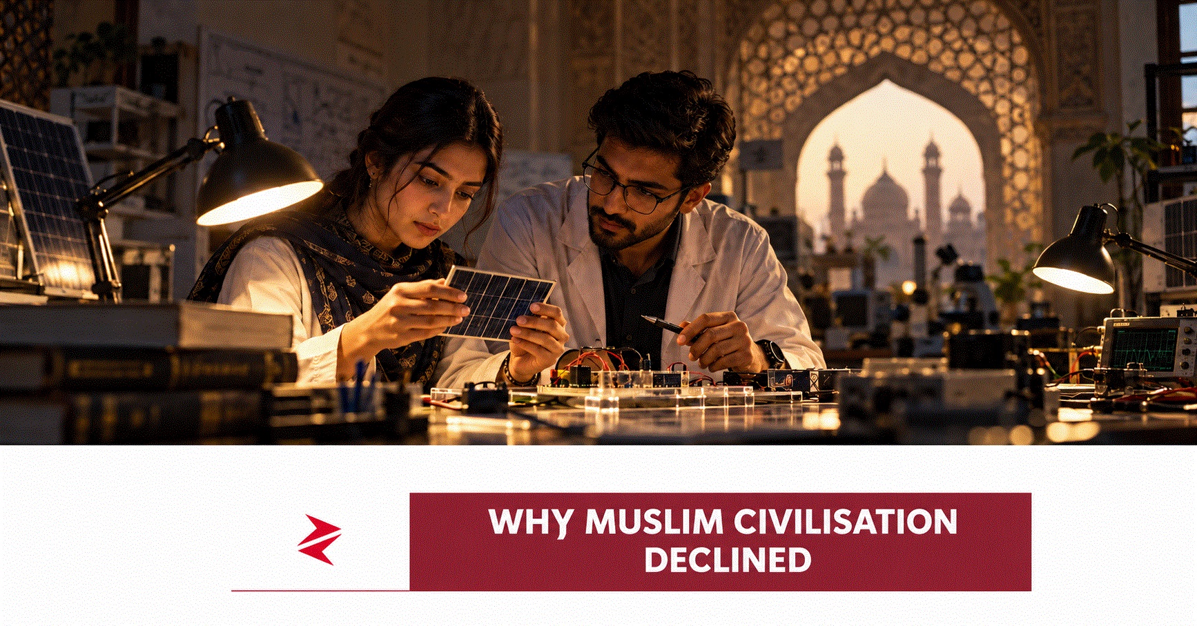 Pakistani researchers testing a solar cell in a laboratory while examining Muslim civilisation’s scientific future