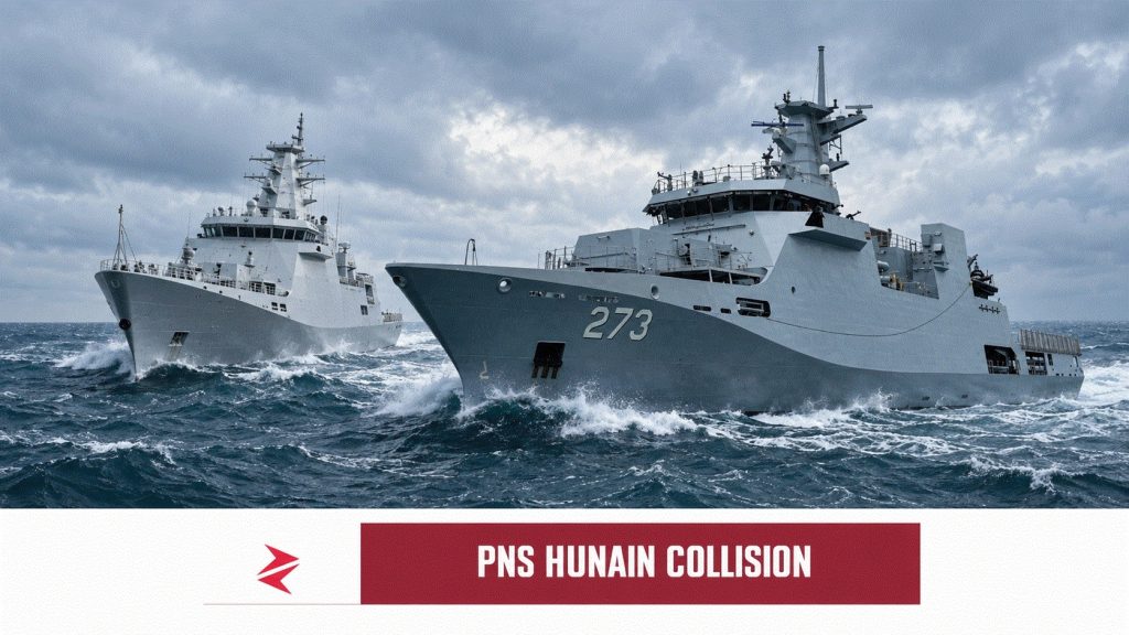 PNS Hunain sailing alongside an Indian naval warship before the disputed North Arabian Sea collision