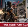 Pakistani motorcyclist receiving petrol as government launches Rs100 per litre fuel relief amid rising global oil prices and fiscal pressure