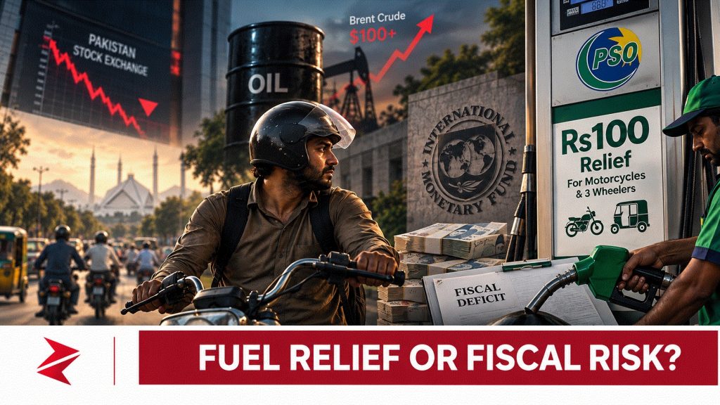 Pakistani motorcyclist receiving petrol as government launches Rs100 per litre fuel relief amid rising global oil prices and fiscal pressure