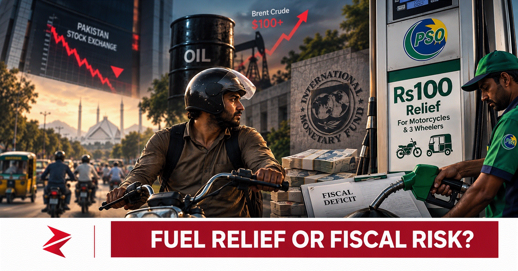 Pakistani motorcyclist receiving petrol as government launches Rs100 per litre fuel relief amid rising global oil prices and fiscal pressure