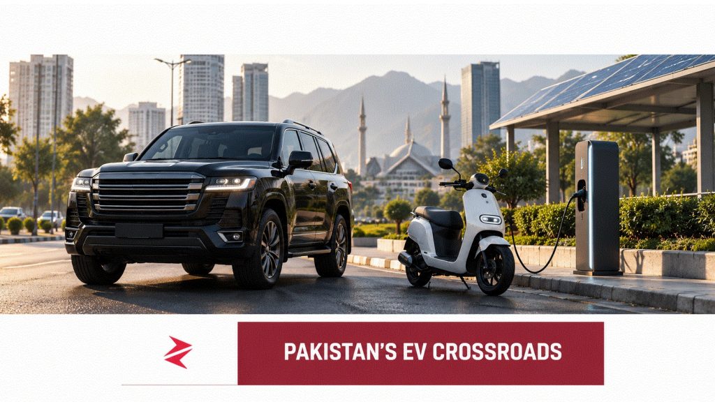 SUV and electric scooter beside a charging point and solar canopy in Pakistan
