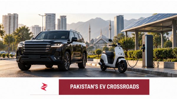 SUV and electric scooter beside a charging point and solar canopy in Pakistan