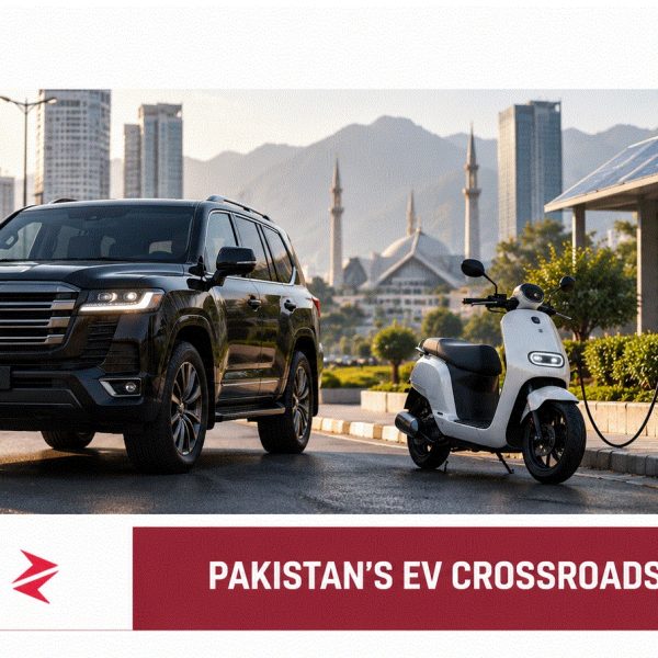SUV and electric scooter beside a charging point and solar canopy in Pakistan