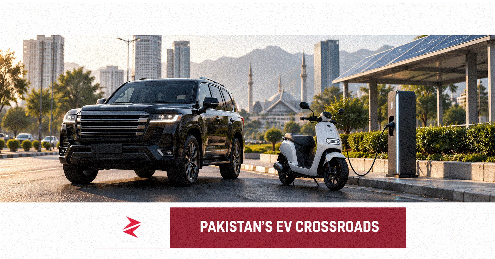 SUV and electric scooter beside a charging point and solar canopy in Pakistan