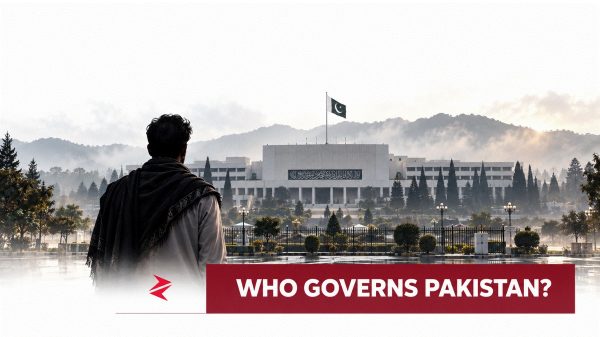 Pakistani citizen facing Parliament House in Islamabad beneath the headline Who Governs Pakistan?