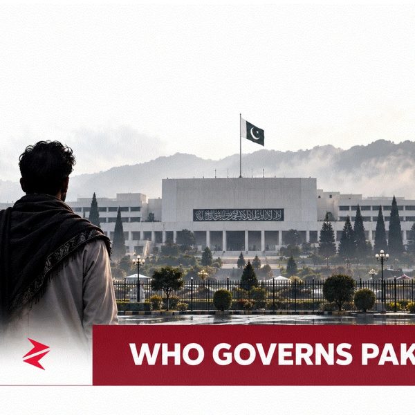 Pakistani citizen facing Parliament House in Islamabad beneath the headline Who Governs Pakistan?