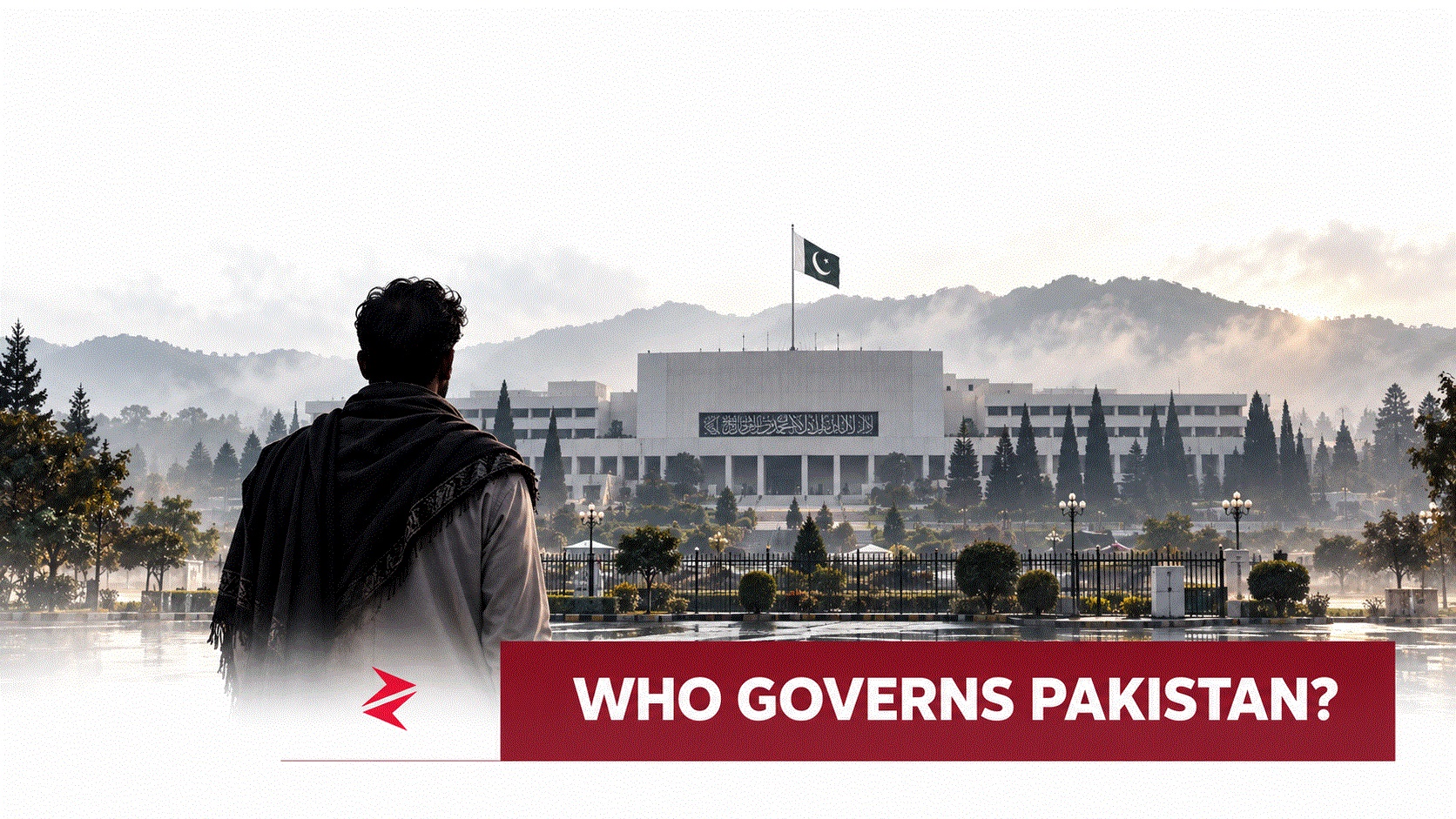 Pakistani citizen facing Parliament House in Islamabad beneath the headline Who Governs Pakistan?