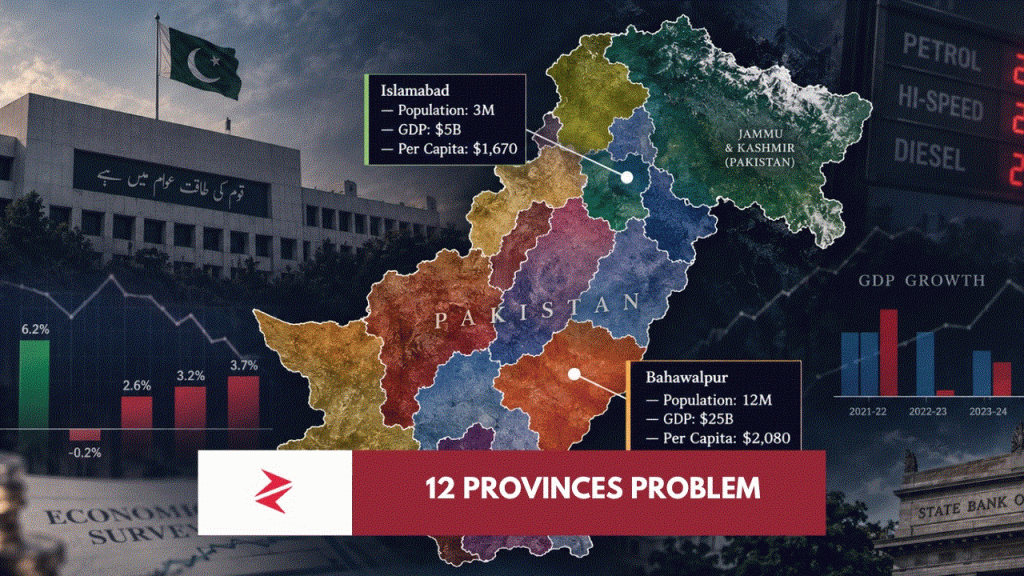 Pakistan administrative restructuring debate showing proposed new provinces, Bahawalpur, Islamabad and Karachi against Parliament House.
