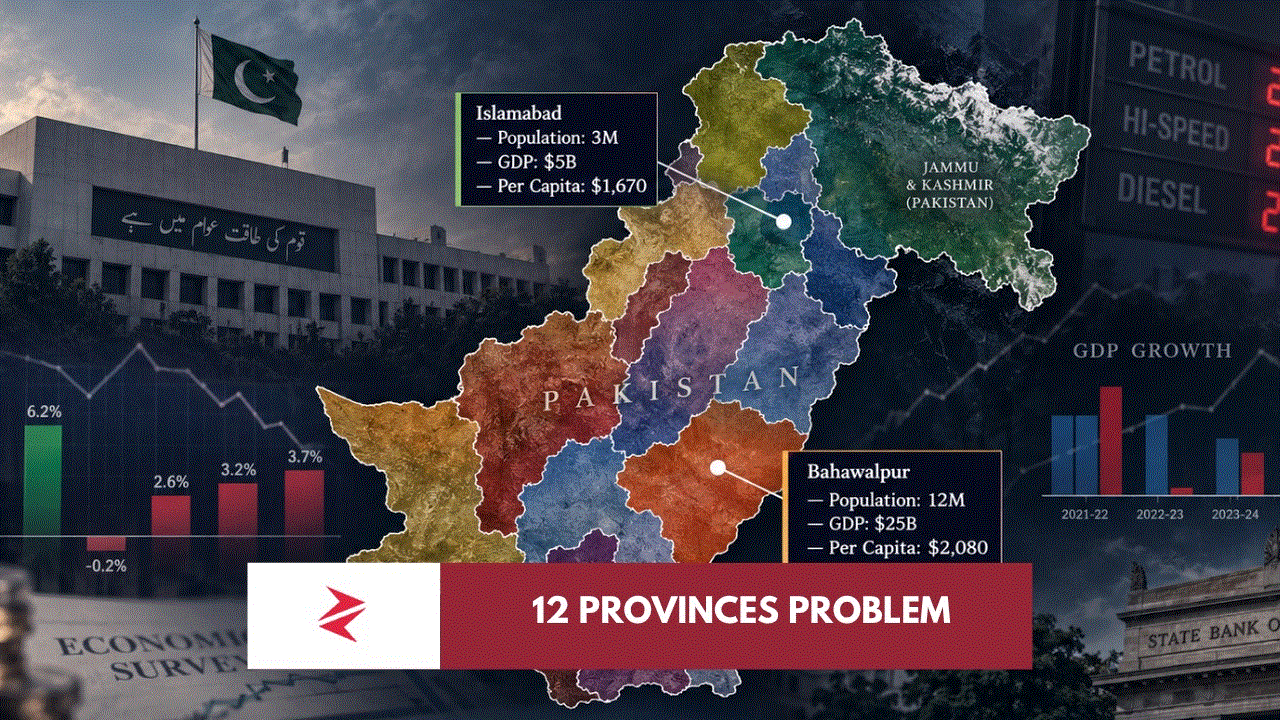 Pakistan administrative restructuring debate showing proposed new provinces, Bahawalpur, Islamabad and Karachi against Parliament House.