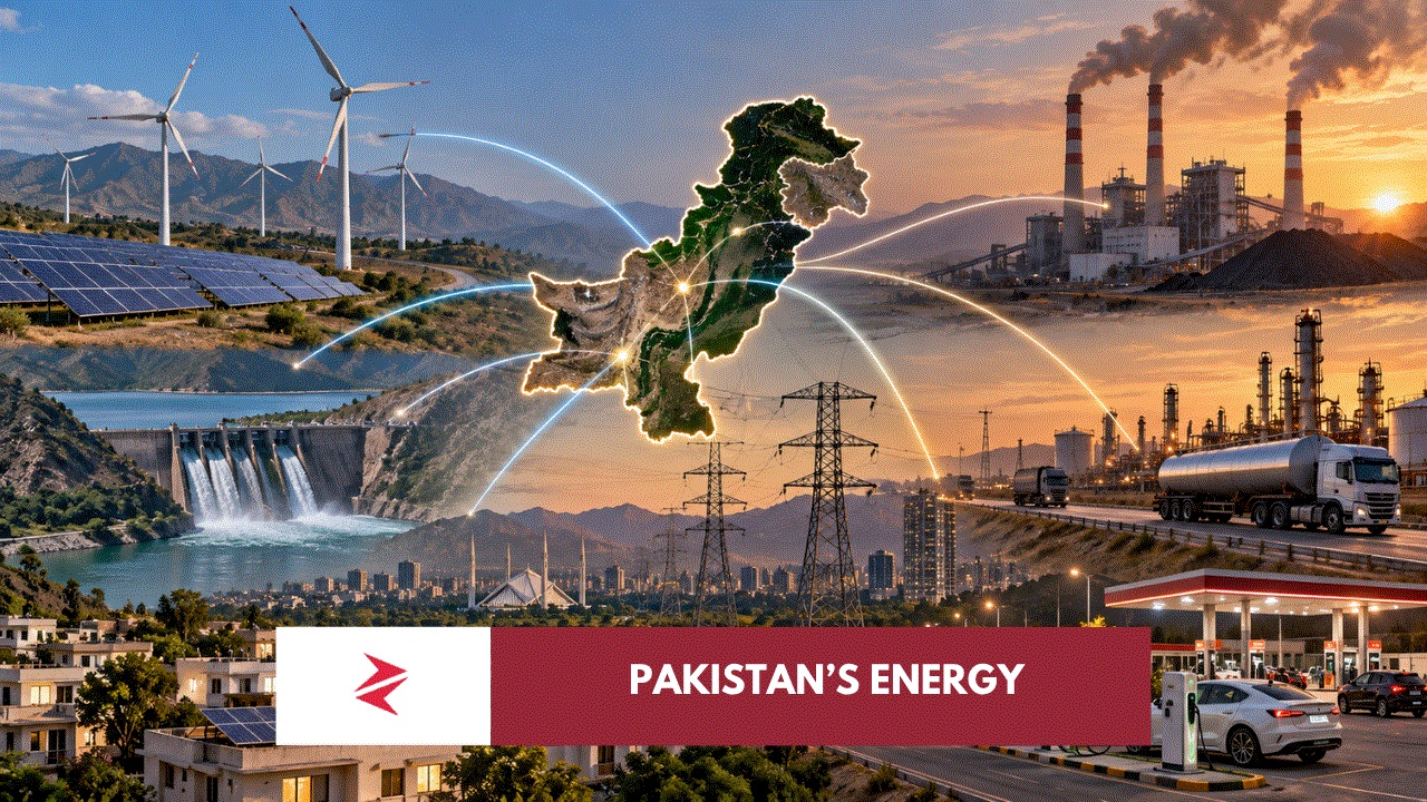 Pakistan energy system showing electricity generation, renewable power, transport fuels and industrial energy consumption