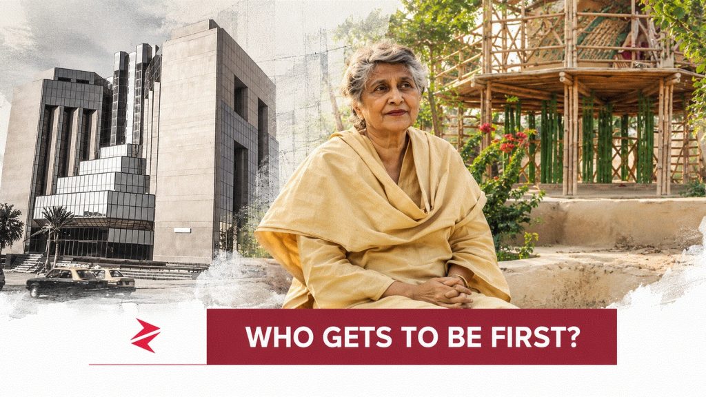 Pakistani architect Yasmeen Lari pictured between PSO House and a bamboo community structure