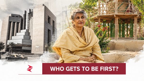 Pakistani architect Yasmeen Lari pictured between PSO House and a bamboo community structure