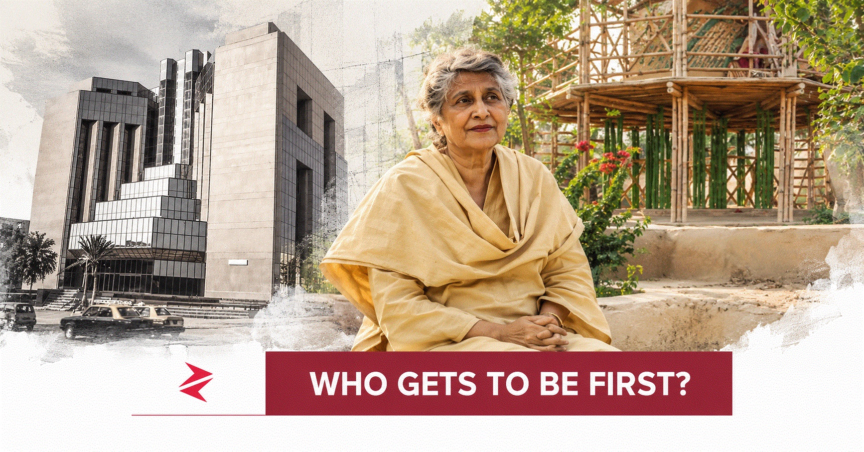 Pakistani architect Yasmeen Lari pictured between PSO House and a bamboo community structure
