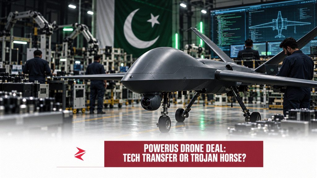 Powerus drone in a Pakistani manufacturing facility representing the debate over technology transfer, cybersecurity and defence sovereignty.