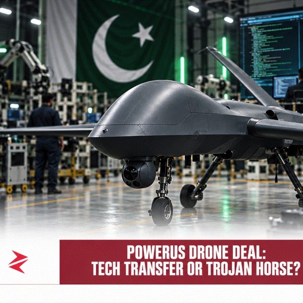 Powerus drone in a Pakistani manufacturing facility representing the debate over technology transfer, cybersecurity and defence sovereignty.