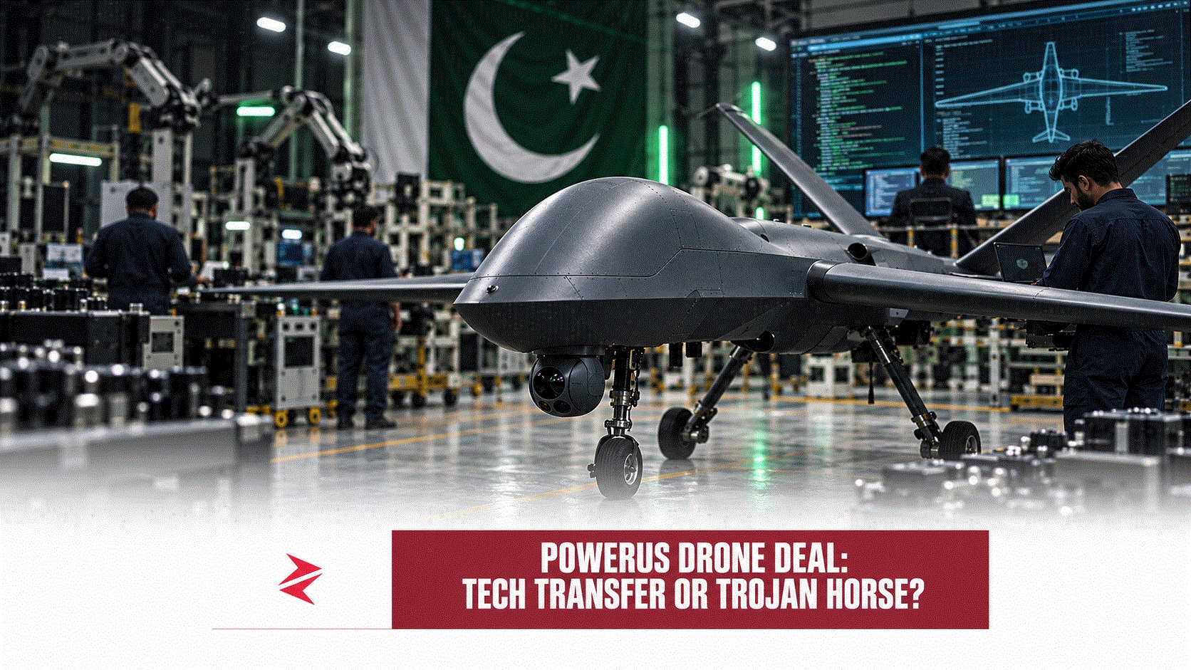 Powerus drone in a Pakistani manufacturing facility representing the debate over technology transfer, cybersecurity and defence sovereignty.