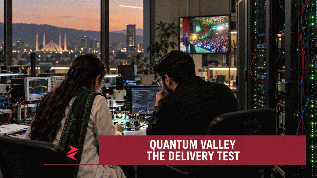 Speaker addresses the Quantum Valley Pakistan launch audience in Islamabad as the initiative faces a test of startup and export delivery