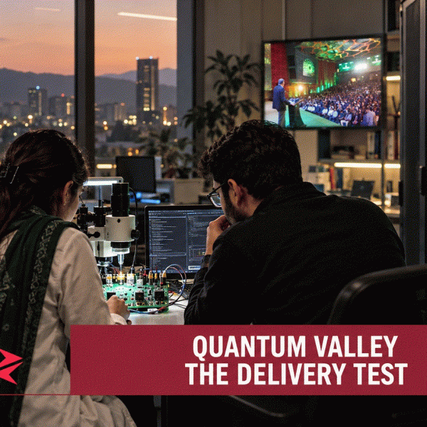 Speaker addresses the Quantum Valley Pakistan launch audience in Islamabad as the initiative faces a test of startup and export delivery